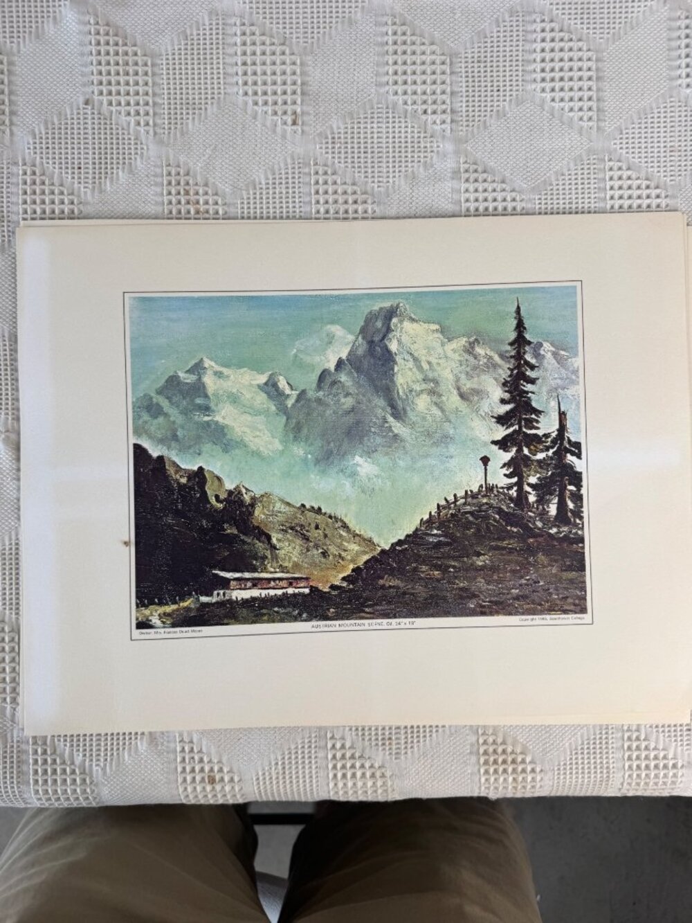 Austrian Mountain Scene Oil Print On Paper Vintage 1968 By Eisenhower College